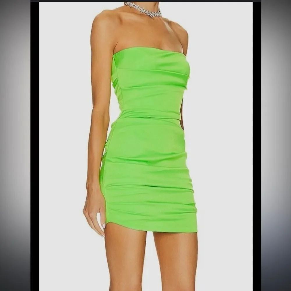 New Alex Perry Colten pleated strapless minidress lime green UK 10/ US 6